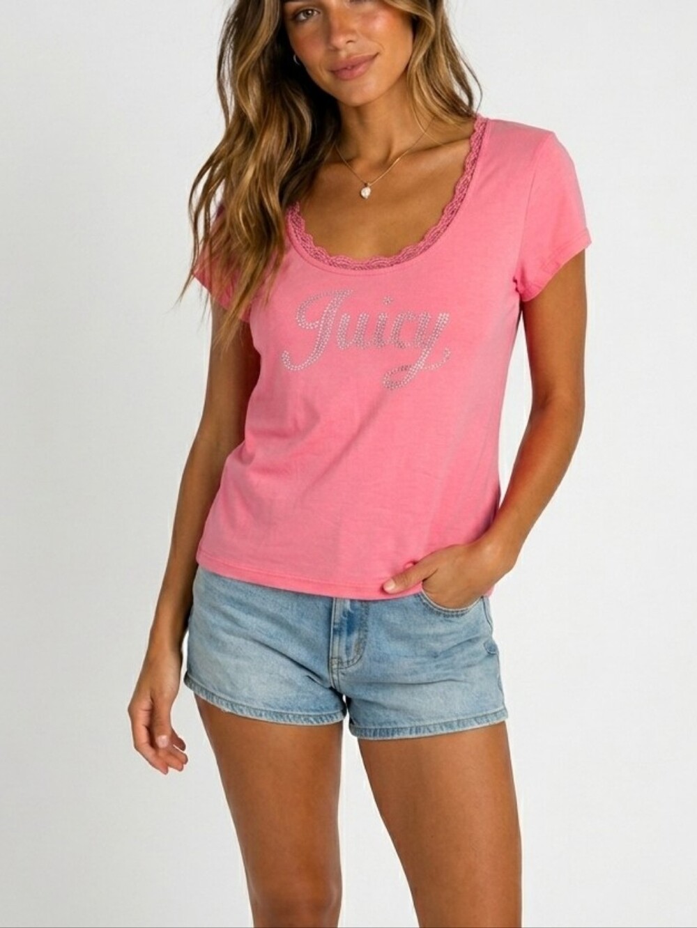 NEW Juicy Couture Romantic Feminie Rhinestone Scoop Neck Tee